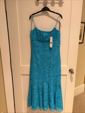 Monique Lhuillier Turquoise Lace Midi Dress with Double Spaghetti Straps